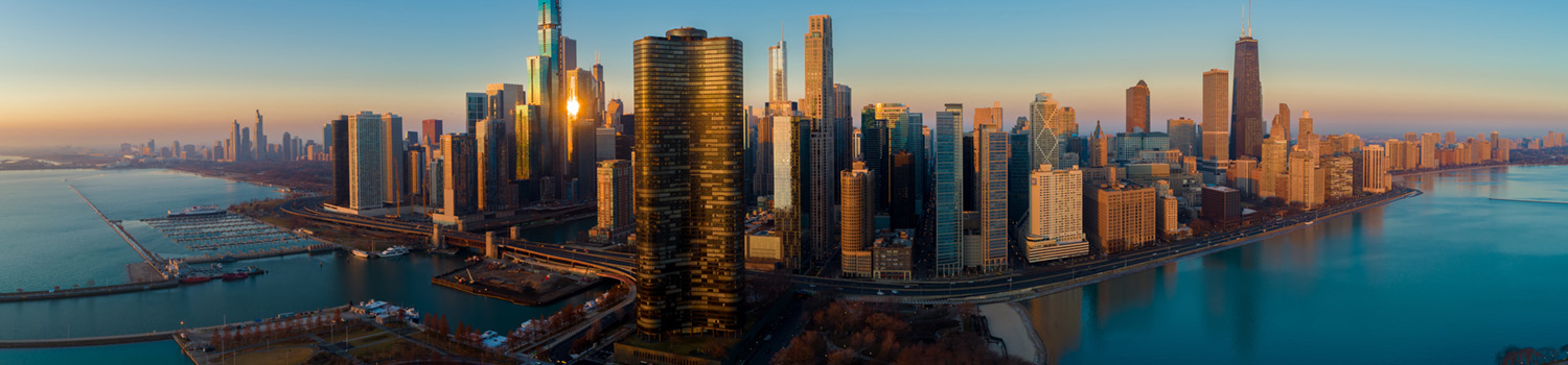 Chicago Skyline at Sunrise. Chicago River and Lake Front.